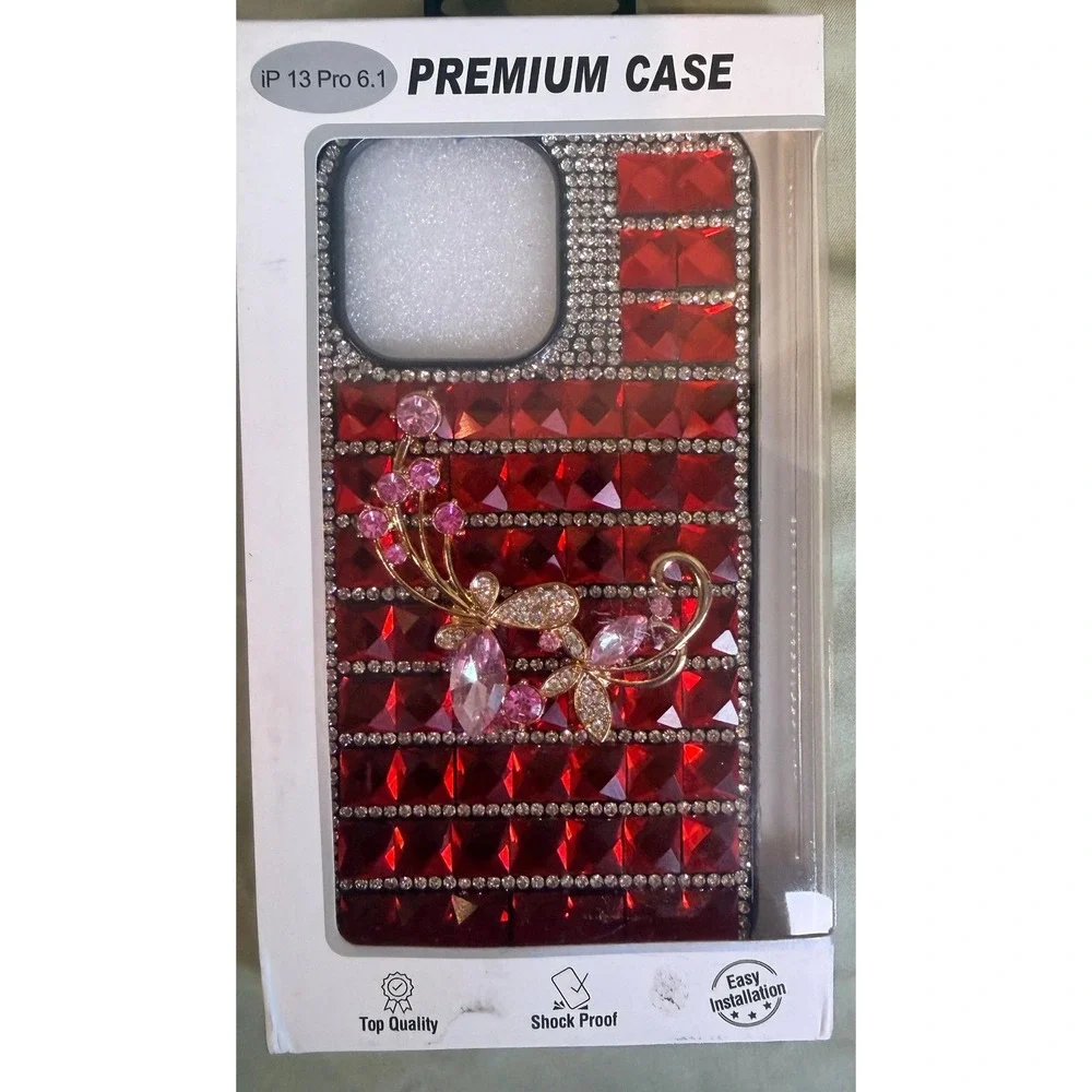 Red Rhinestone Butterfly iPhone 13 ProCase Bling Crystal Luxury Cover Shockproof